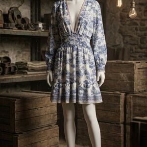 Max Studio Blue and White Long Sleeve Smocked Waist Mini Dress